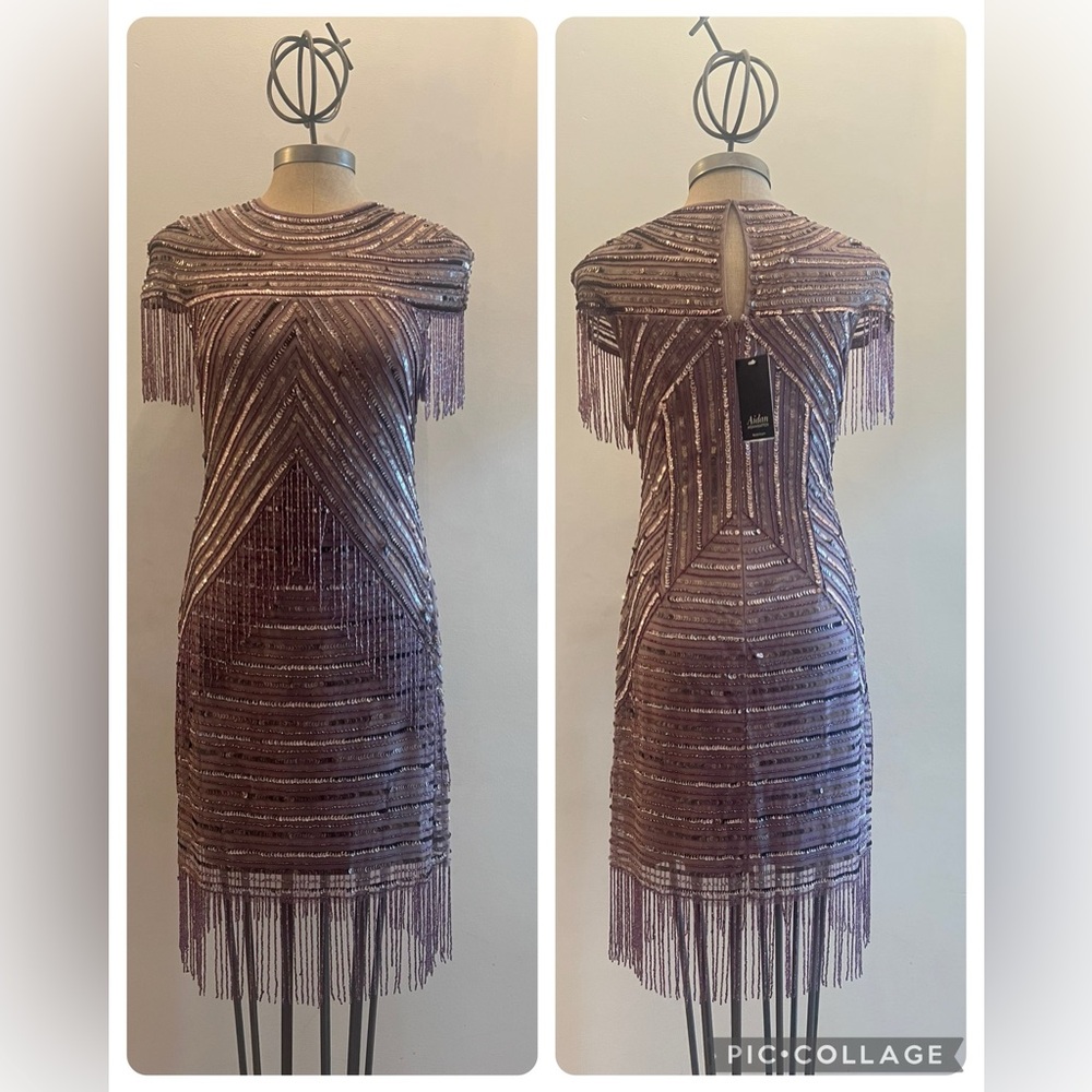 Aidan Mattox fully beaded short sleeve with fringes dressy dress